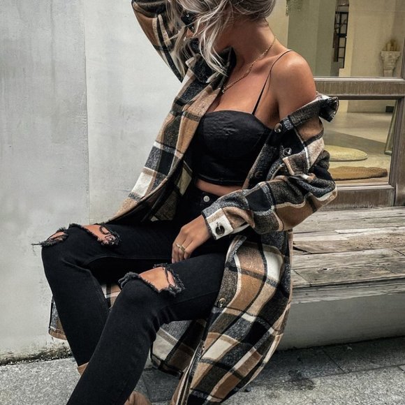 Casual Contemporary Plaid Print Drop Shoulder Coat - Picture 4 of 9